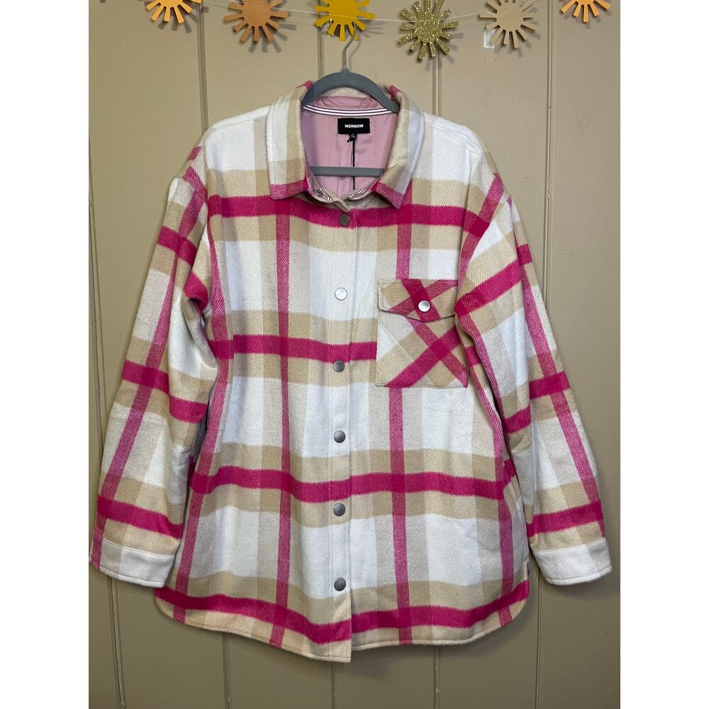 Monrow Plaid Flannel Shacket Jacket Size XL Fuchsia, Natural, Cream - Picture 4 of 5